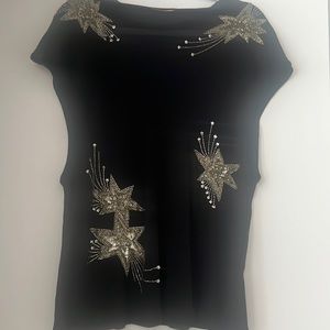 Auth. Saint Laurent Sleeveless Top with Sequin/Beaded Silver Stars